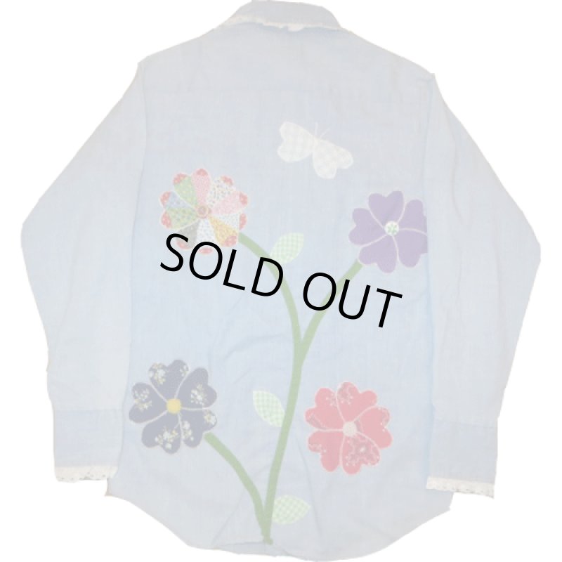 画像2: 古着 Made Especially ハンドメイド フラワー ヒッピー デコレーション シャンブレーシャツ 70's /150418 (2)