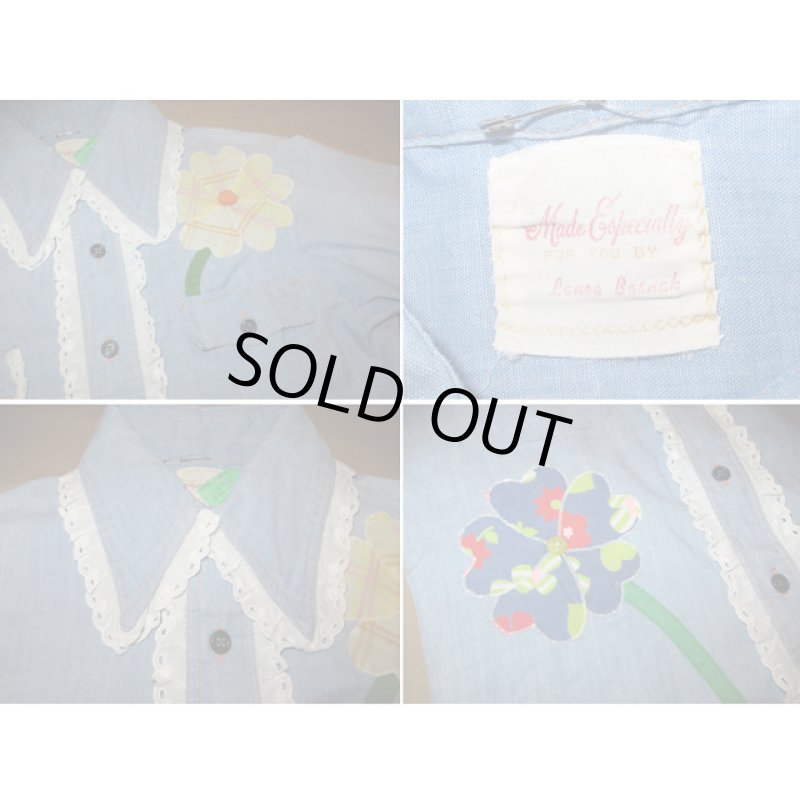 画像3: 古着 Made Especially ハンドメイド フラワー ヒッピー デコレーション シャンブレーシャツ 70's /150418 (3)