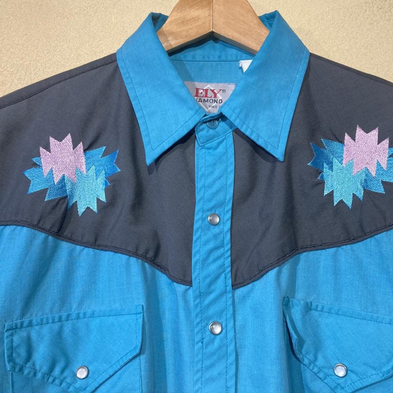 画像4: USED 80's ELY エリー 刺繍入り ウエスタンシャツ 長袖シャツ BLUE×BLK / 251020 (4)