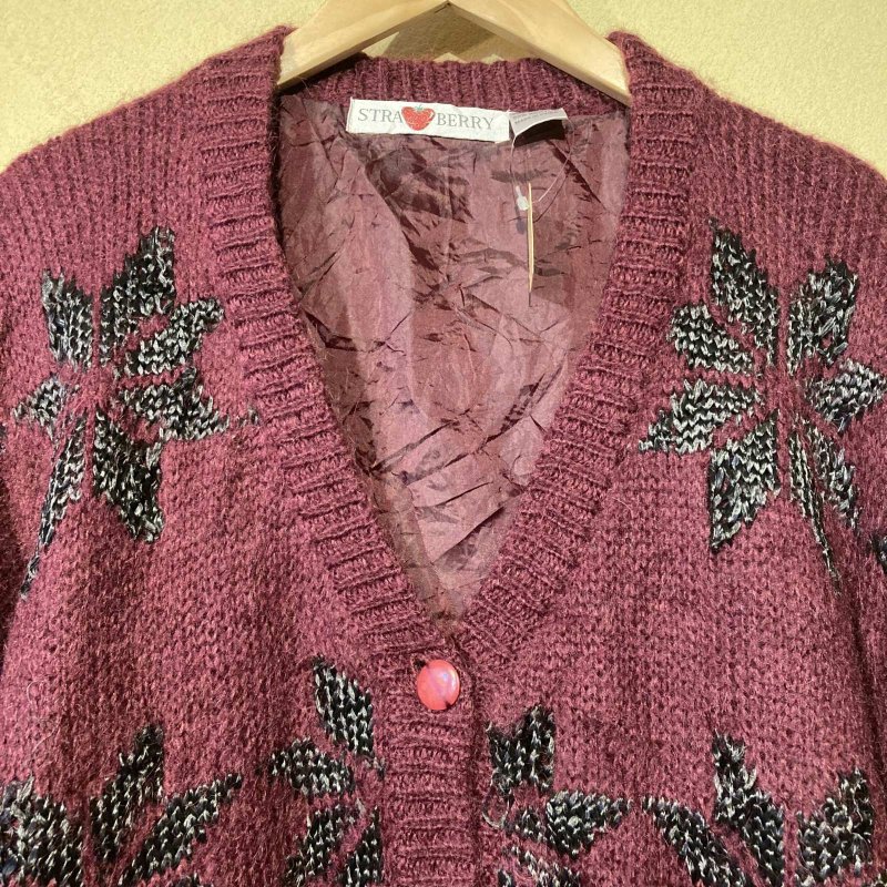 画像4: USED 90's STRA BERRY モヘア混 ニットカーディガン セーター WINE  / 251112 (4)