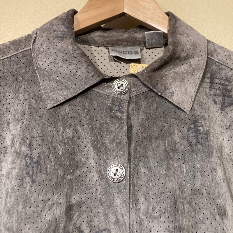 画像5: USED 90's CHICO'S チコズ パンチングスウェード 漢字プリント シャツジャケット GRY / 250924 (5)