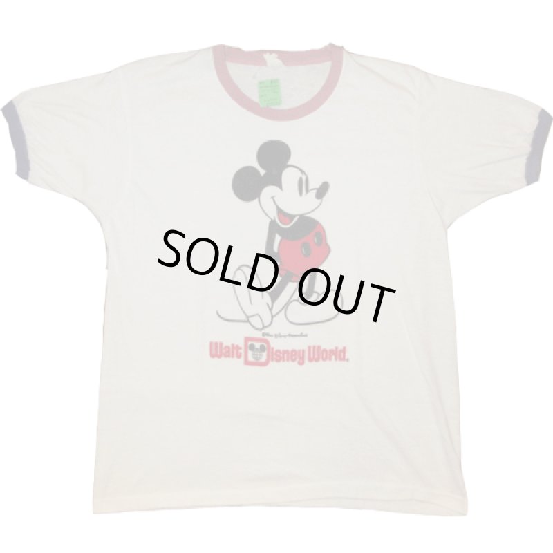 画像1: 古着 80's Walt Disney World ディズニーワールド ミッキーマウス 染み込みプリント リンガー Tシャツ WHT / 190717 (1)