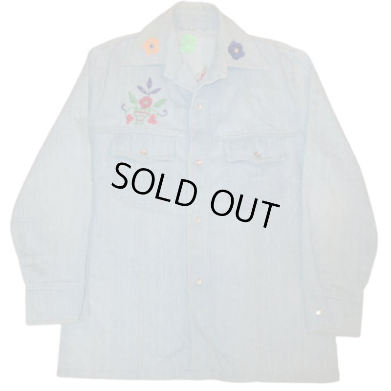 画像1: USED 70's UNKNOWN 刺繍入り ヒッピー デニム シャツジャケット 長袖シャツ BLUE / 220427 (1)