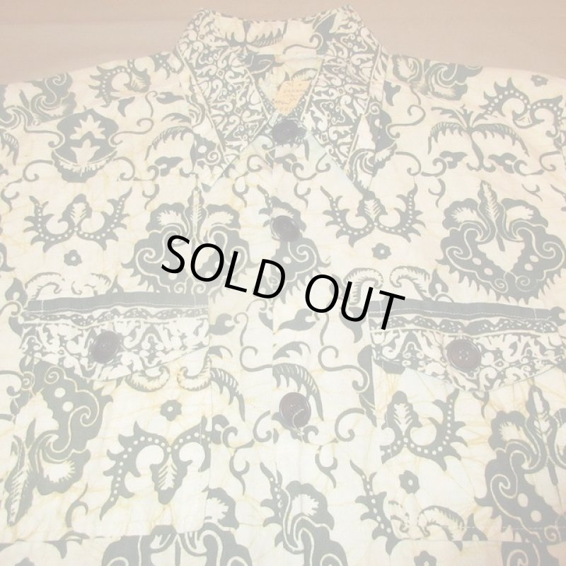 画像4: USED 70's UNKNOWN バティック ろうけつ染め サファリシャツ 半袖シャツ NAT×GRN / 230805 (4)