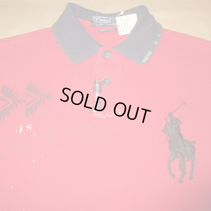 画像4: USED 90's RALPH LAUREN ラルフローレン ネイティヴプリント リペア加工 鹿の子 ポロシャツ RED / 240808 (4)