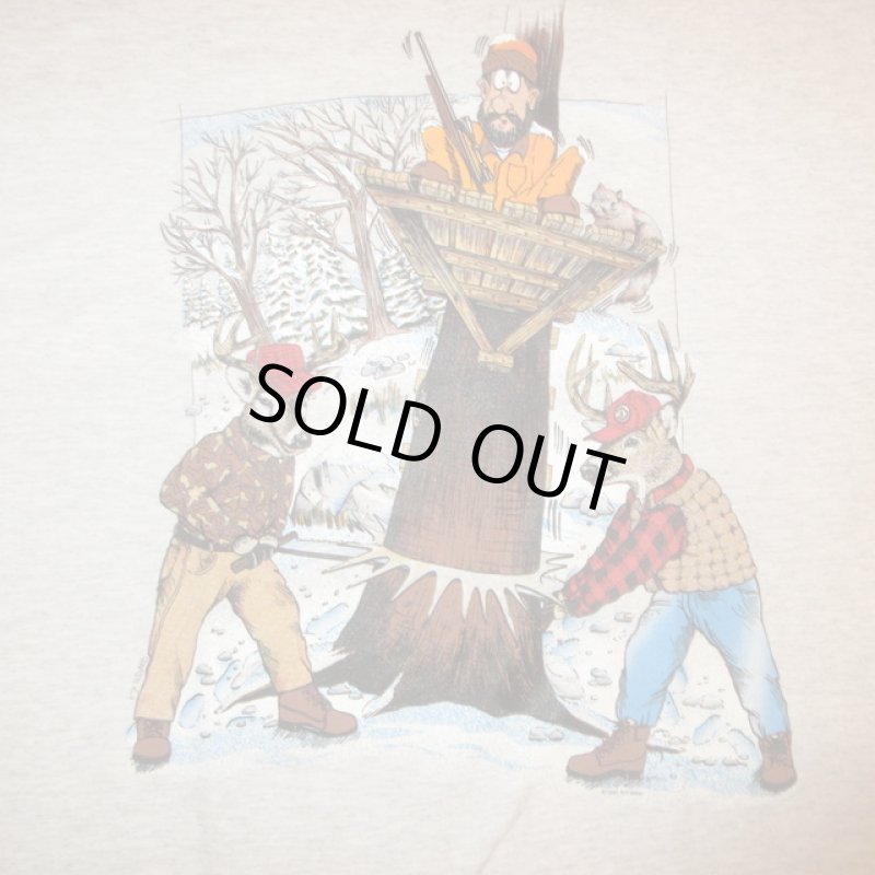 画像1: USED 90's ART-WEAR トナカイ アニマルプリント ファニー Tシャツ 霜降りGRY / 240819 (1)
