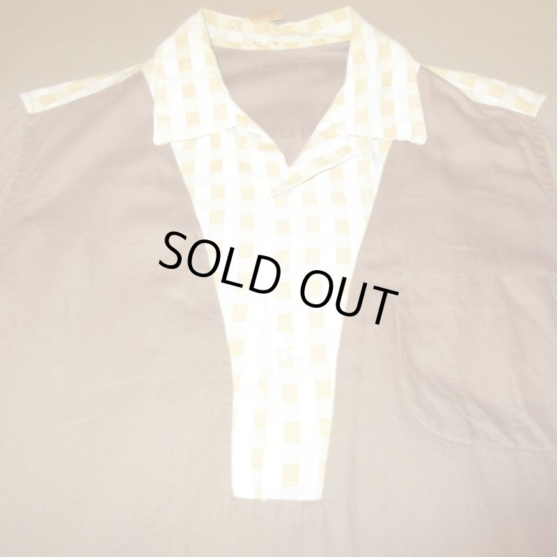 画像4: USED 60's UNKNOWN ロカビリー チェック切替 プルオーバー 半袖シャツ BRW / 250515  (4)