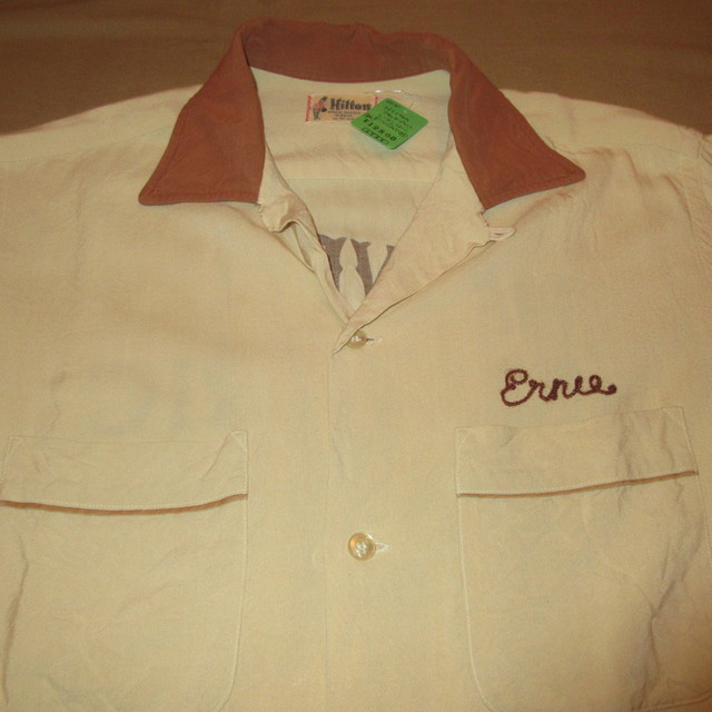 古着 Hilton ヒルトン レーヨン 2トーン フロッキープリント ボーリングシャツ 半袖シャツ BEI/BRW 50's / 170529