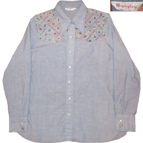 画像1: 古着 70's WRANGLER ラングラー ヒッピー 刺繍 シャンブレーシャツ BLUE /180611 (1)