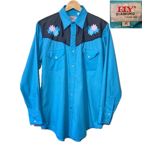 画像1: USED 80's ELY エリー 刺繍入り ウエスタンシャツ 長袖シャツ BLUE×BLK / 251020 (1)