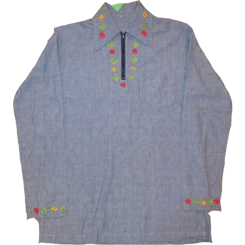 画像1: 古着 70's UNKNOWN フラワー刺繍 ハーフジップ シャンブレーシャツ BLUE /190403 (1)