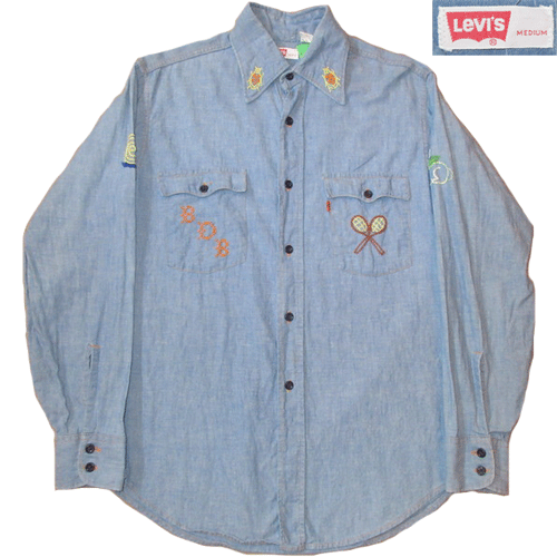 画像1: 古着 70's Levi's リーバイス コットン100% 刺繍 シャンブレーシャツ BLUE / 200405 (1)