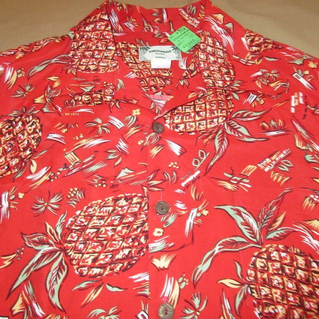 古着 90's KAMEHAMEHA カメハメハ パイナップル柄 アロハシャツ ハワイアン 半袖シャツ RED / 200609