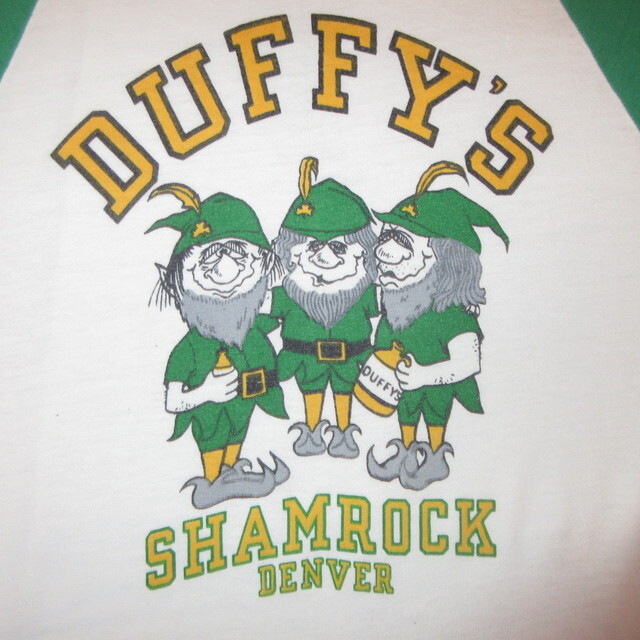 画像1: USED 70's CHAMPION チャンピオン バータグ DUFFY'S 染み込みプリント ラグラン Tシャツ WHT×GRN / 210506 (1)