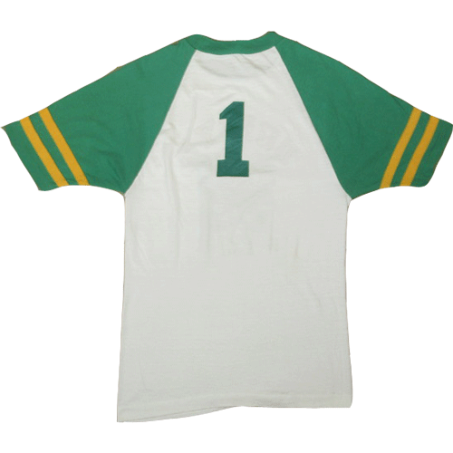USED 70's CHAMPION チャンピオン バータグ DUFFY'S 染み込みプリント ラグラン Tシャツ WHT×GRN / 210506