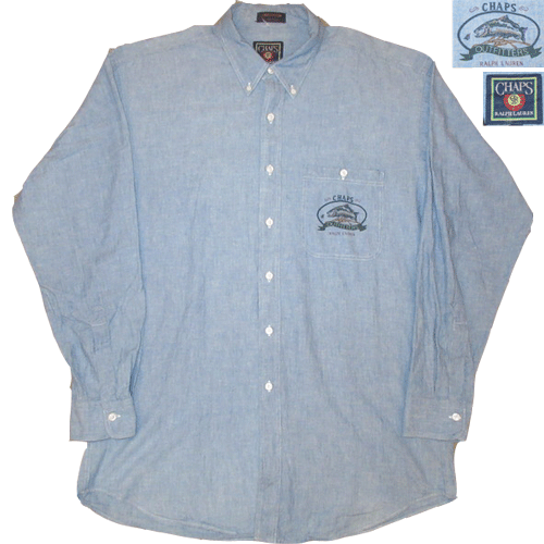 USED 80's CHAPS Ralph Lauren チャップス ラルフローレン OUTFITTERS フィッシングプリント シャンブレーシャツ  BLUE / 210706