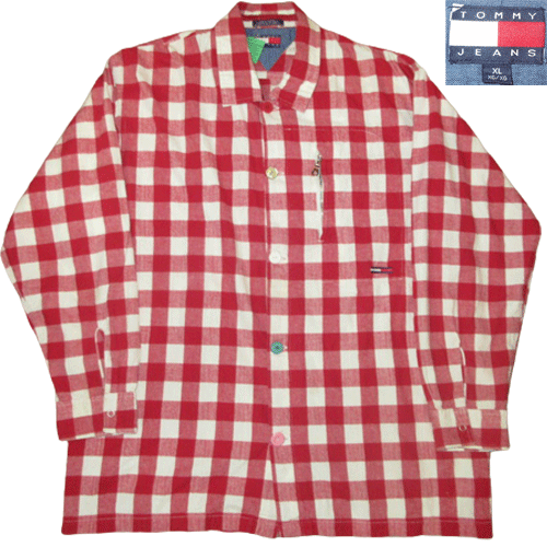画像1: USED 90's TOMMY JEANS トミージーンズ ブロックチェック BOX型 長袖 シャツ RED×WHT / 220228 (1)