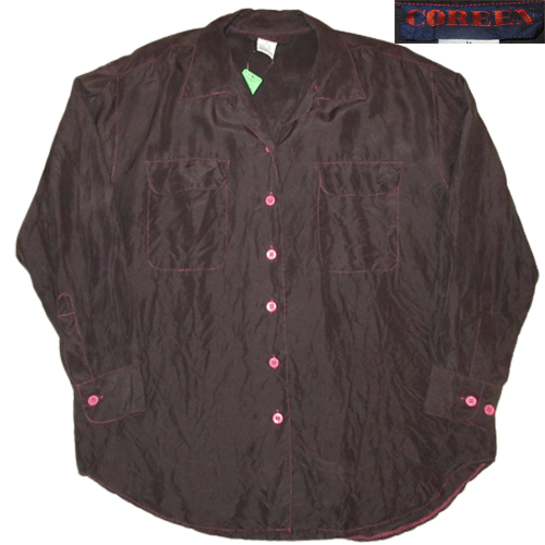 画像1: USED 80's COREEN ピンクステッチ オープンカラー シルクシャツ BLK×PINK / 220630 (1)