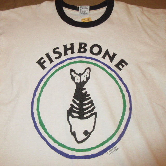 USED 90's FISHBONE フィッシュボーン サークルロゴ リンガー Tシャツ WHT×BLK / 230530